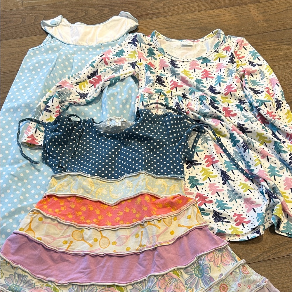 3 dresses polka dot baby blue, Christmas tree dress and Matilda Jane dress